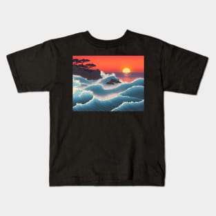 Ukiyo-e Japanese Art - Waves Crashing Against a Rocky Coast at Sunset Kids T-Shirt